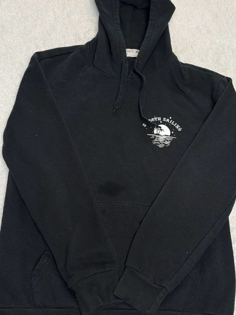 Black Hooded Sweatshirt with Small Beach Graphic “Smooth Sailings”